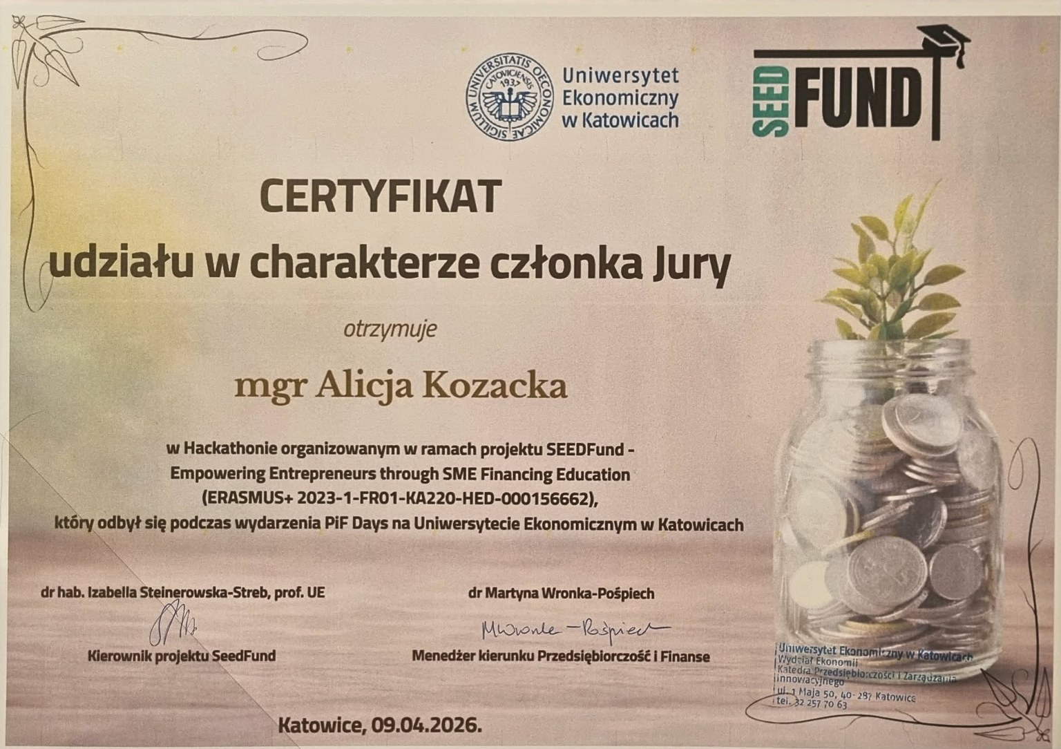 Referencja od Uniwersytet Ekonomiczny w Katowicach — projekt SEEDFund (Erasmus+) dla Alicji Kozackiej