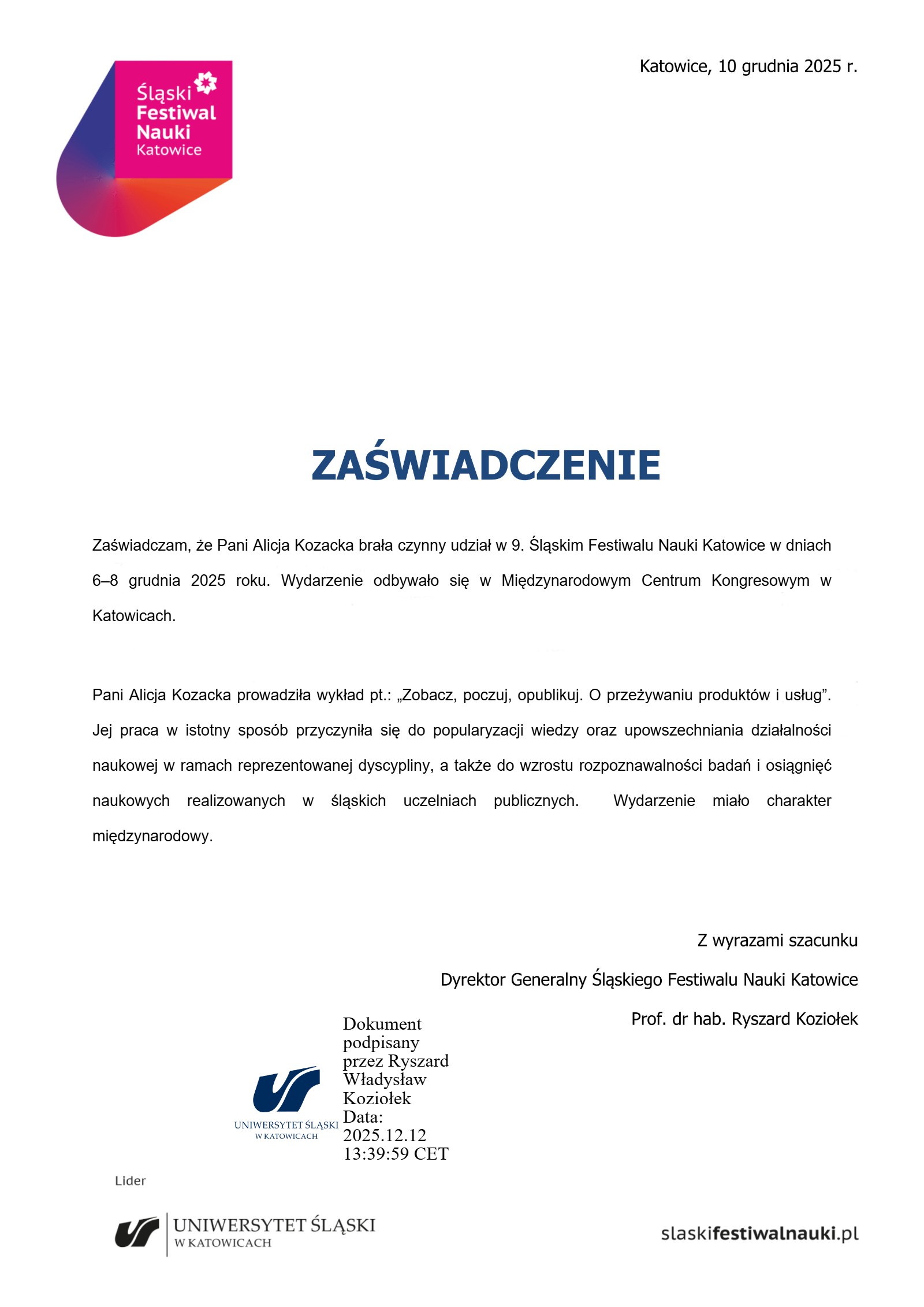 Referencja od Śląski Festiwal Nauki Katowice dla Alicji Kozackiej