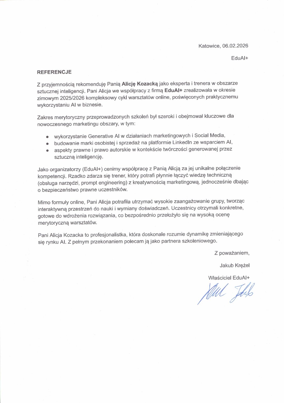 Referencja od EduAI+ dla Alicji Kozackiej