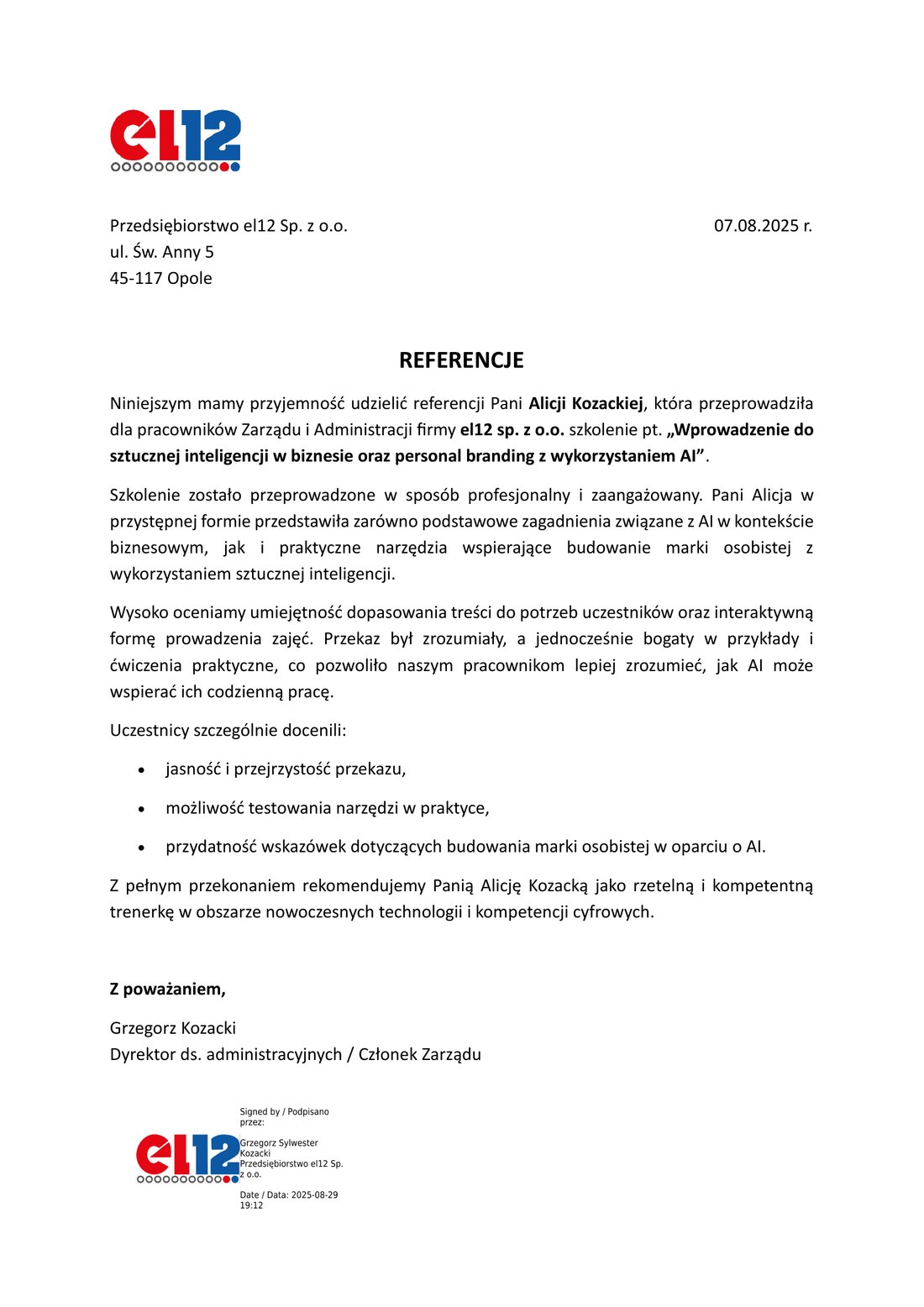 Referencja od el12 Sp. z o.o. dla Alicji Kozackiej