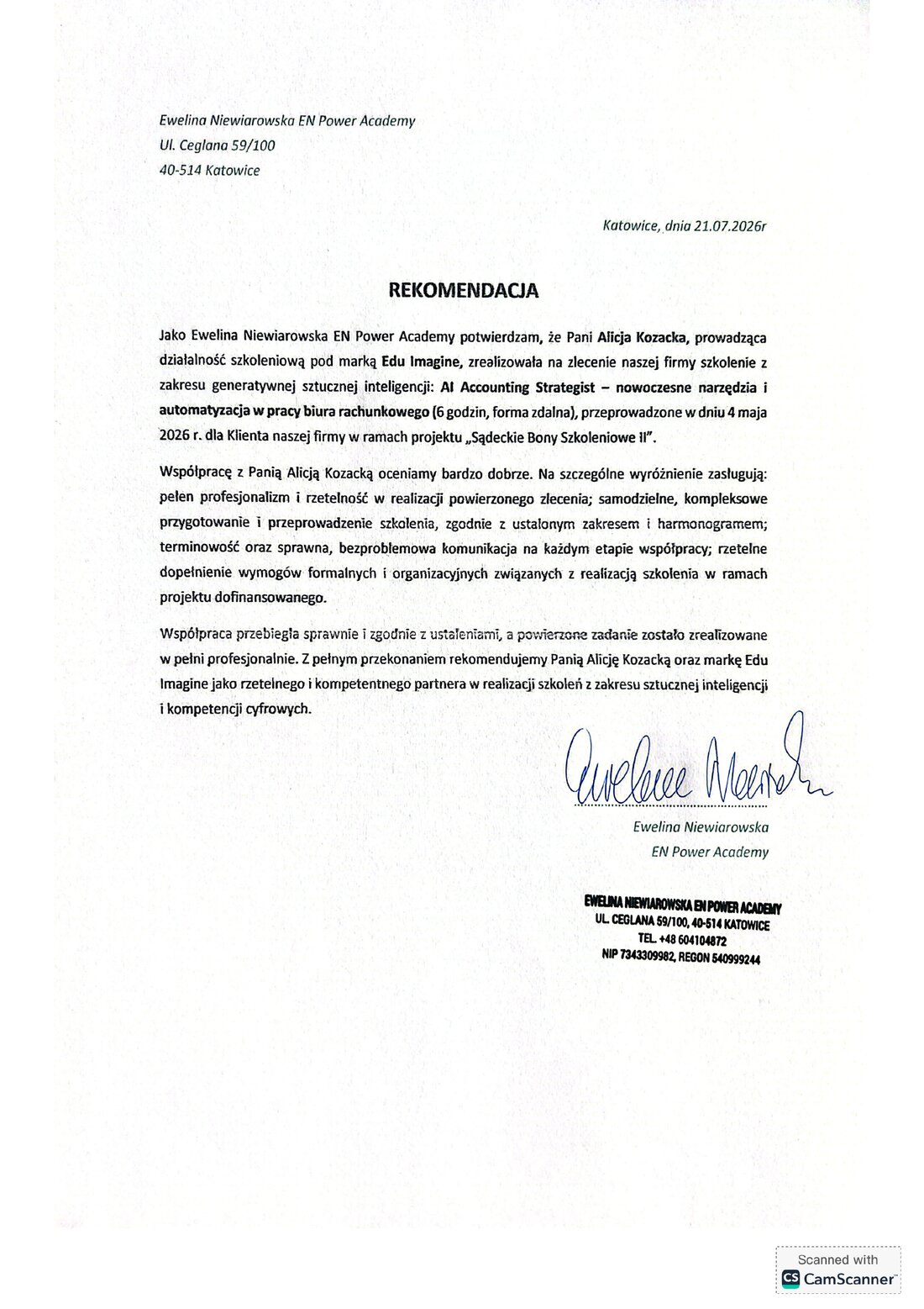 Referencja od EN Power Academy dla Alicji Kozackiej