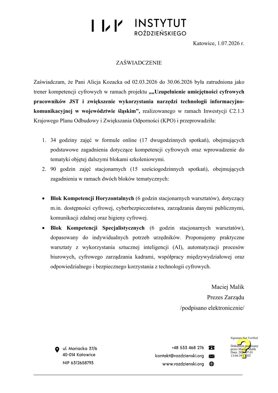 Referencja od Instytut Roździeńskiego dla Alicji Kozackiej