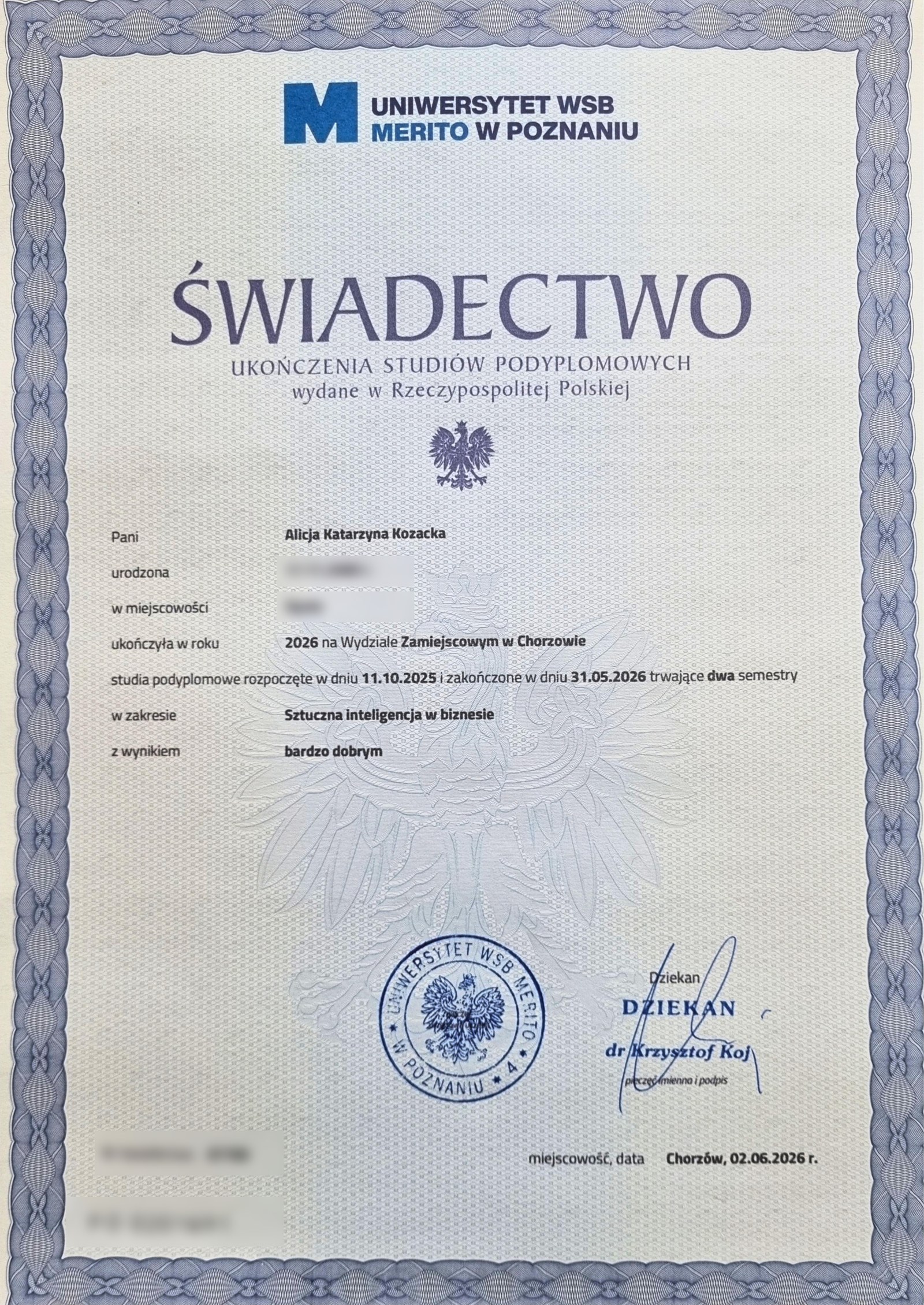 Świadectwo ukończenia studiów podyplomowych Sztuczna inteligencja w biznesie, Uniwersytet WSB Merito w Poznaniu, Alicja Kozacka